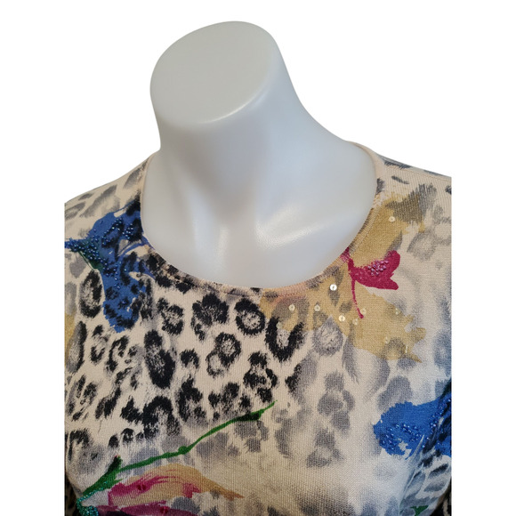Nancy Bolen City Girl Top Med Y2K Glam Leopard Floral Sequin Knit Beaded Sweater - Picture 3 of 10